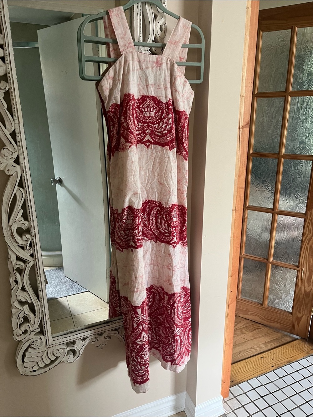 Vintage Soft Pink Maxi Dress with Red Patterned Bands